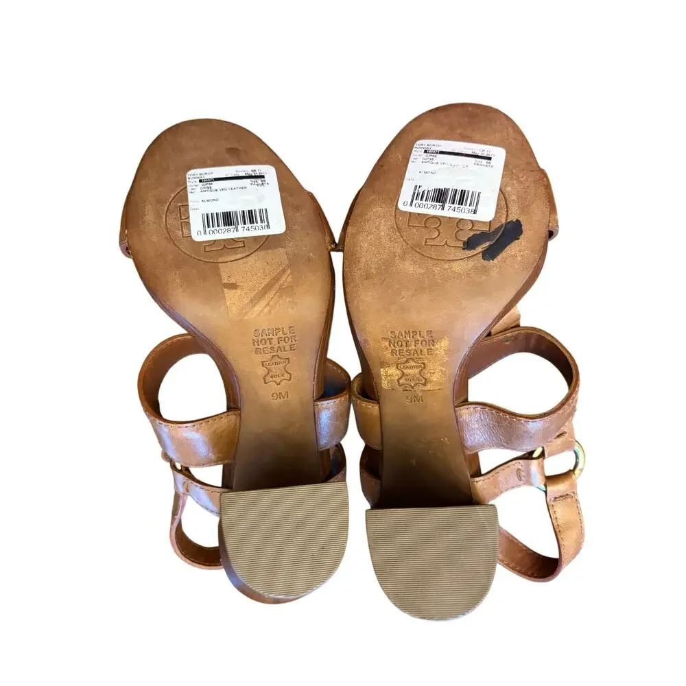 Tory Burch Gipse Almond Antique Veg Leather Heeled Sandals Size 9M